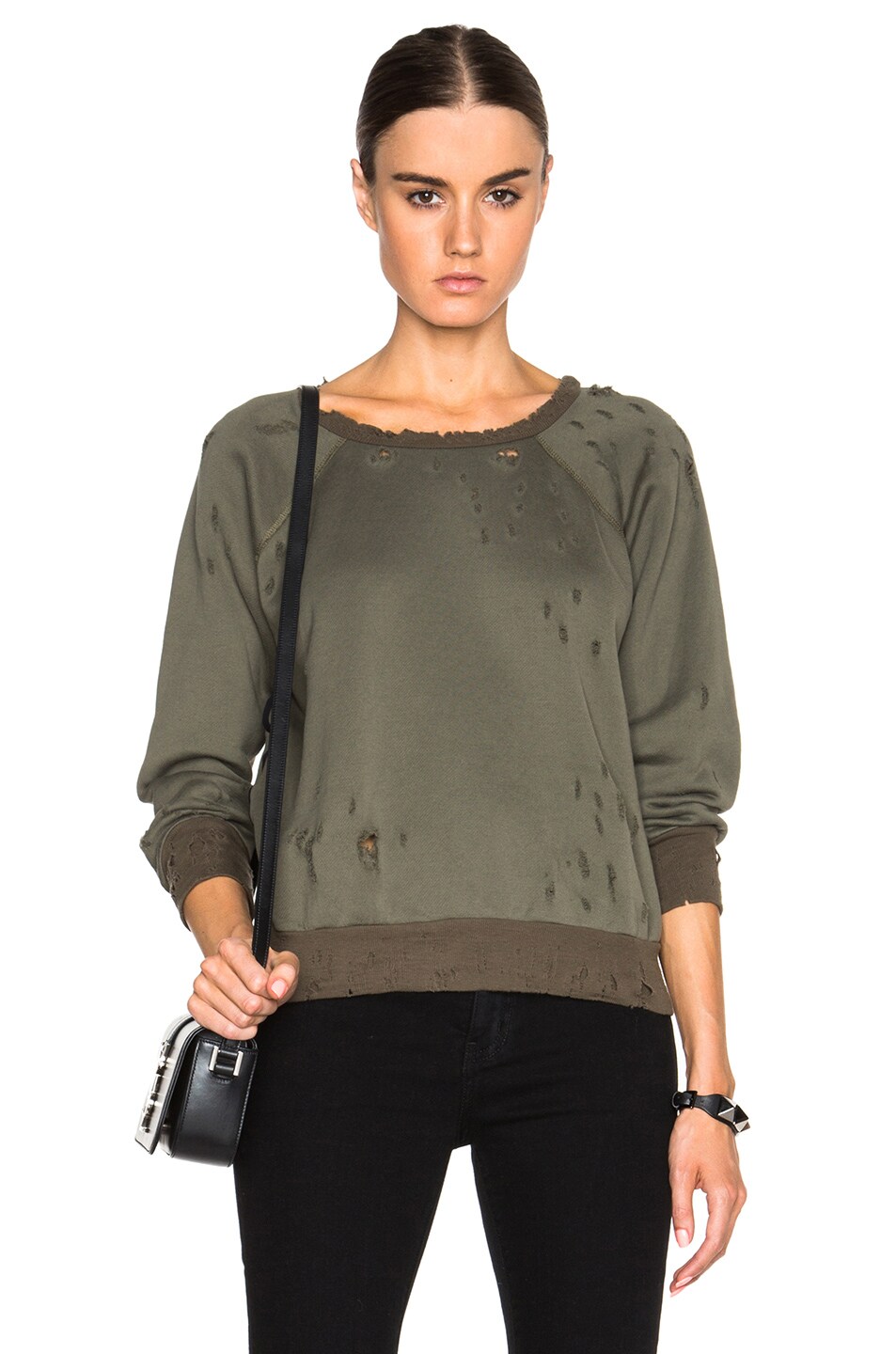 Image 1 of Unravel Destroyed Cotton Sweatshirt in Army