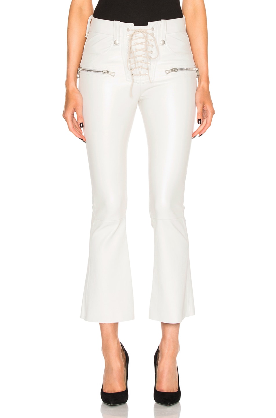 Image 1 of Unravel Lace Front Crop Flare Leather Pants in White