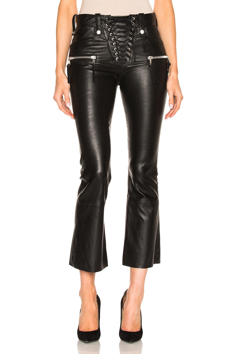 Image 1 of Unravel Lace Front Crop Flare Leather Pants in Black