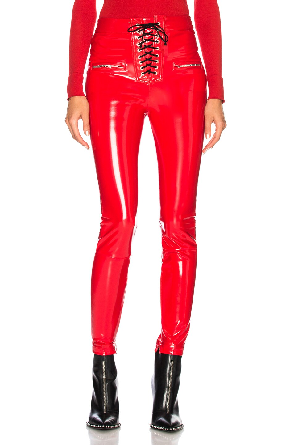 Image 1 of Unravel Latex Lace Up Seam Pants in Red