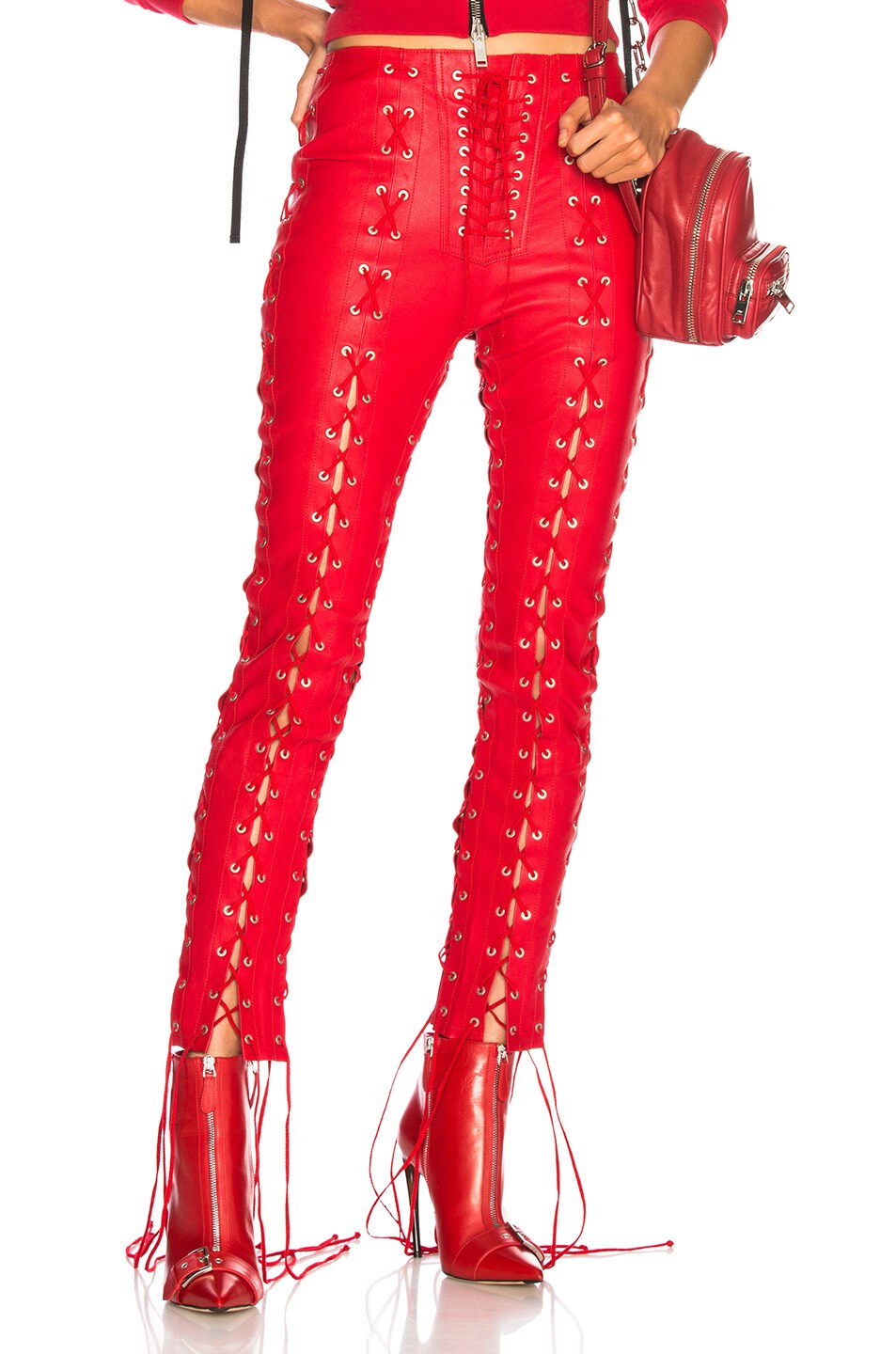 Image 1 of Unravel Leather All Over Lace Up Skinny Pants in Red