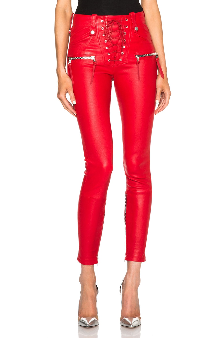 Image 1 of Unravel Lace Front Leather Skinny Pants in Red