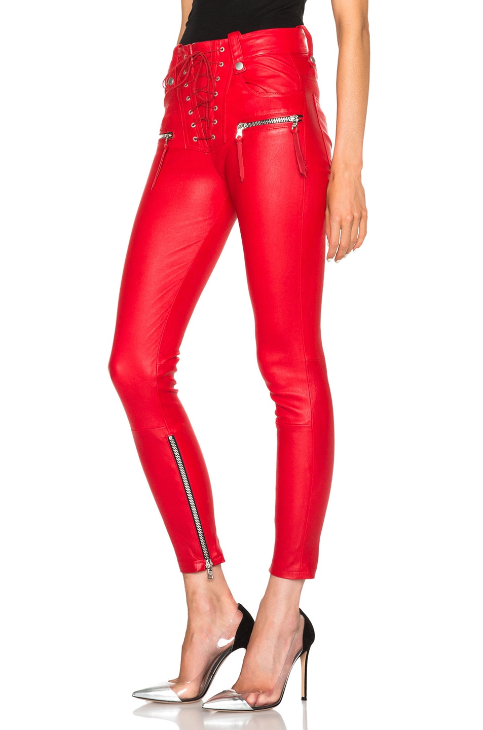 Unravel Lace Front Leather Skinny Pants in Red | FWRD