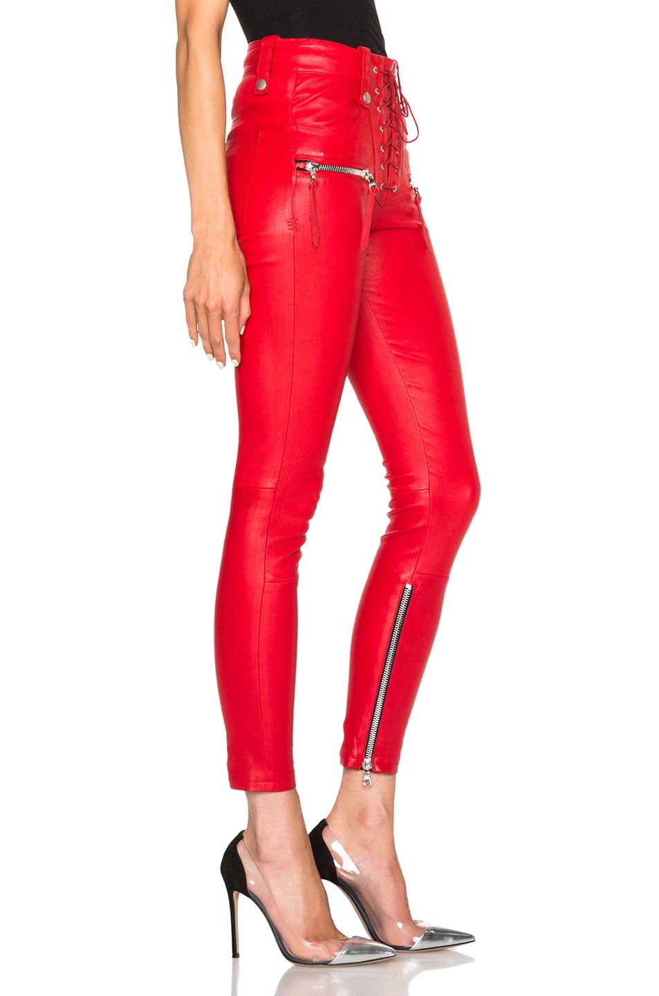 Unravel Lace Front Leather Skinny Pants in Red | FWRD