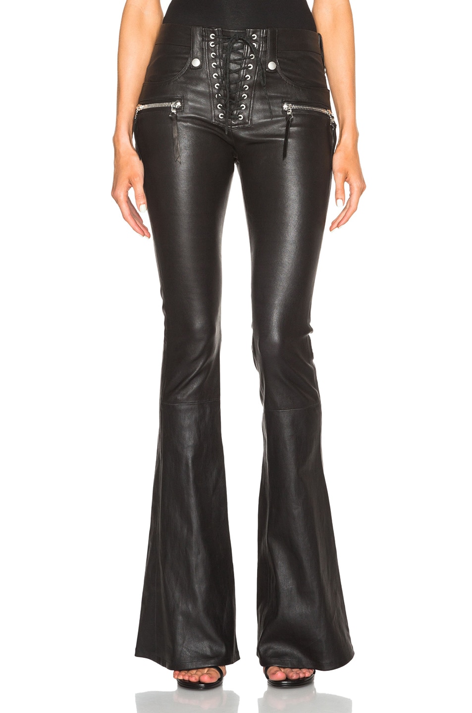 Unravel Lace Front Flare Leather Pants in Black | FWRD