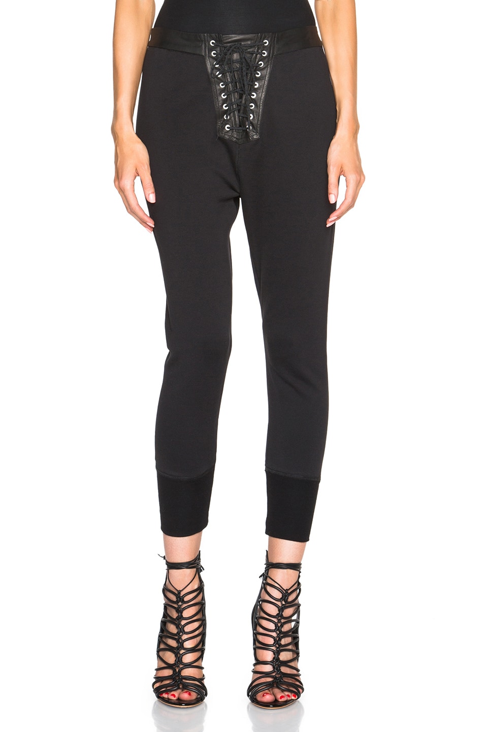 Image 1 of Unravel Lace Front Cotton & Leather Sweatpants in Black