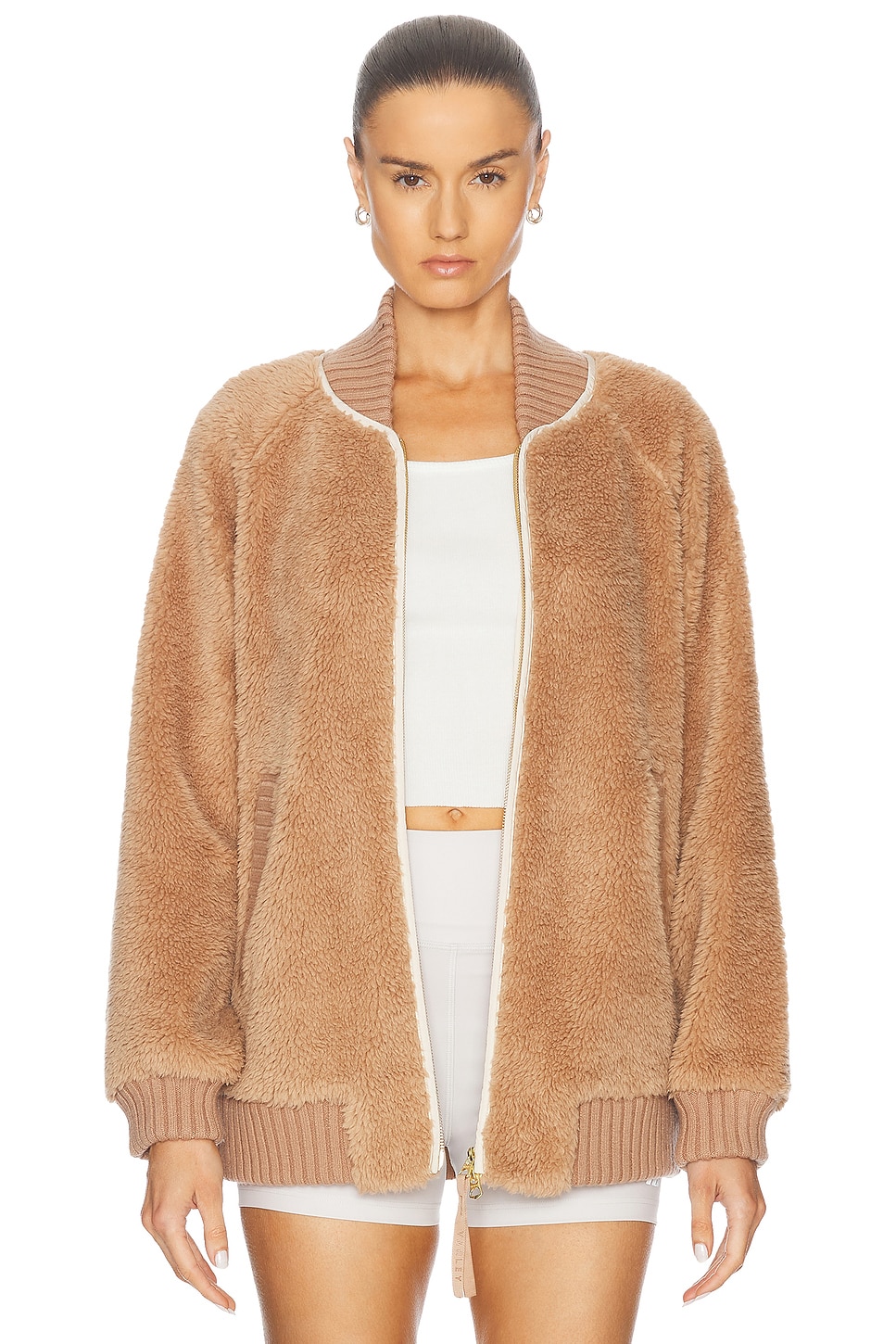 Shop Varley Ella Longline Sherpa Bomber Jacket In Chanterelle