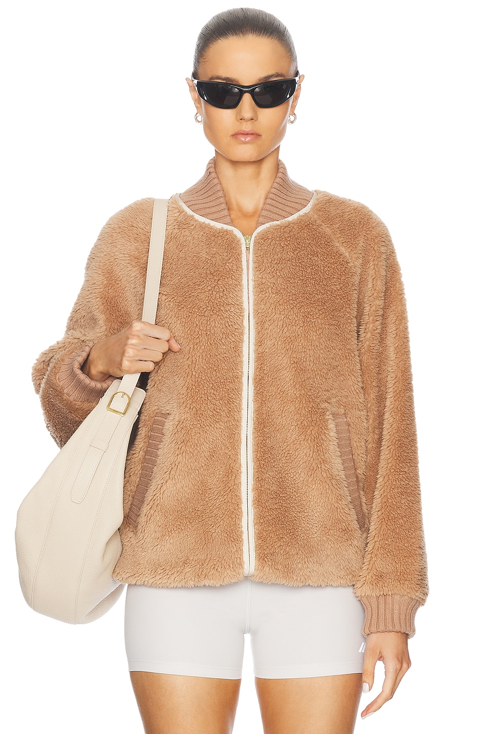 Shop Varley Ella Longline Sherpa Bomber Jacket In Chanterelle