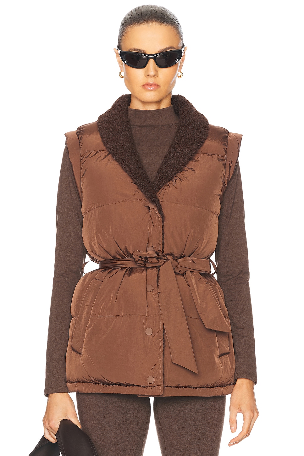 Image 1 of Varley Lanville Wrap Puffer Gilet Vest in Chestnut & Coffee Bean