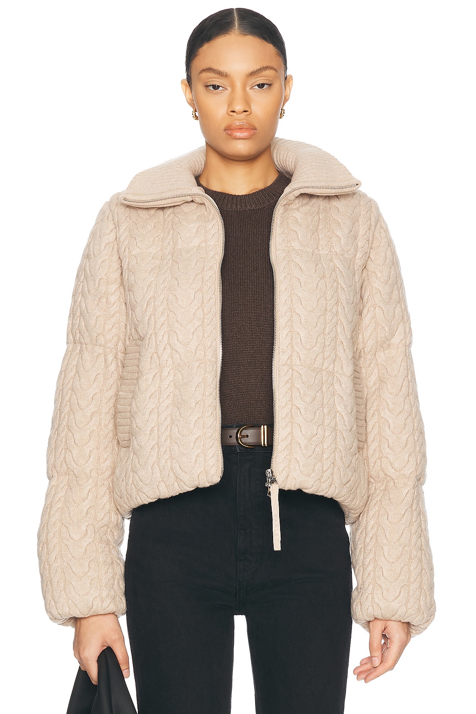 Image 1 of Varley Reggie Cable Knit Puffer Jacket in Light Taupe