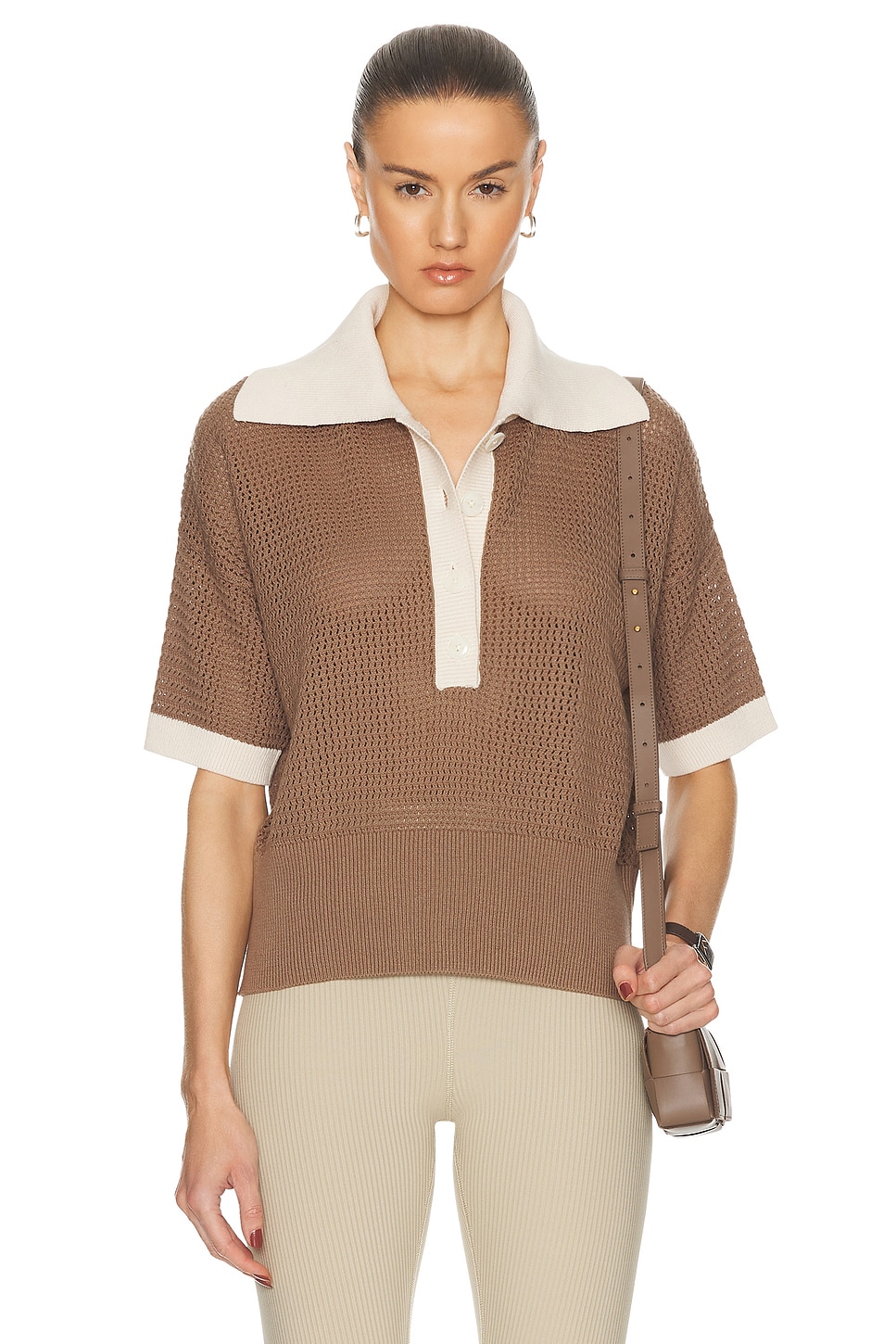 Image 1 of Varley Finch Knit Polo Top in Taupe & Whitecap Grey