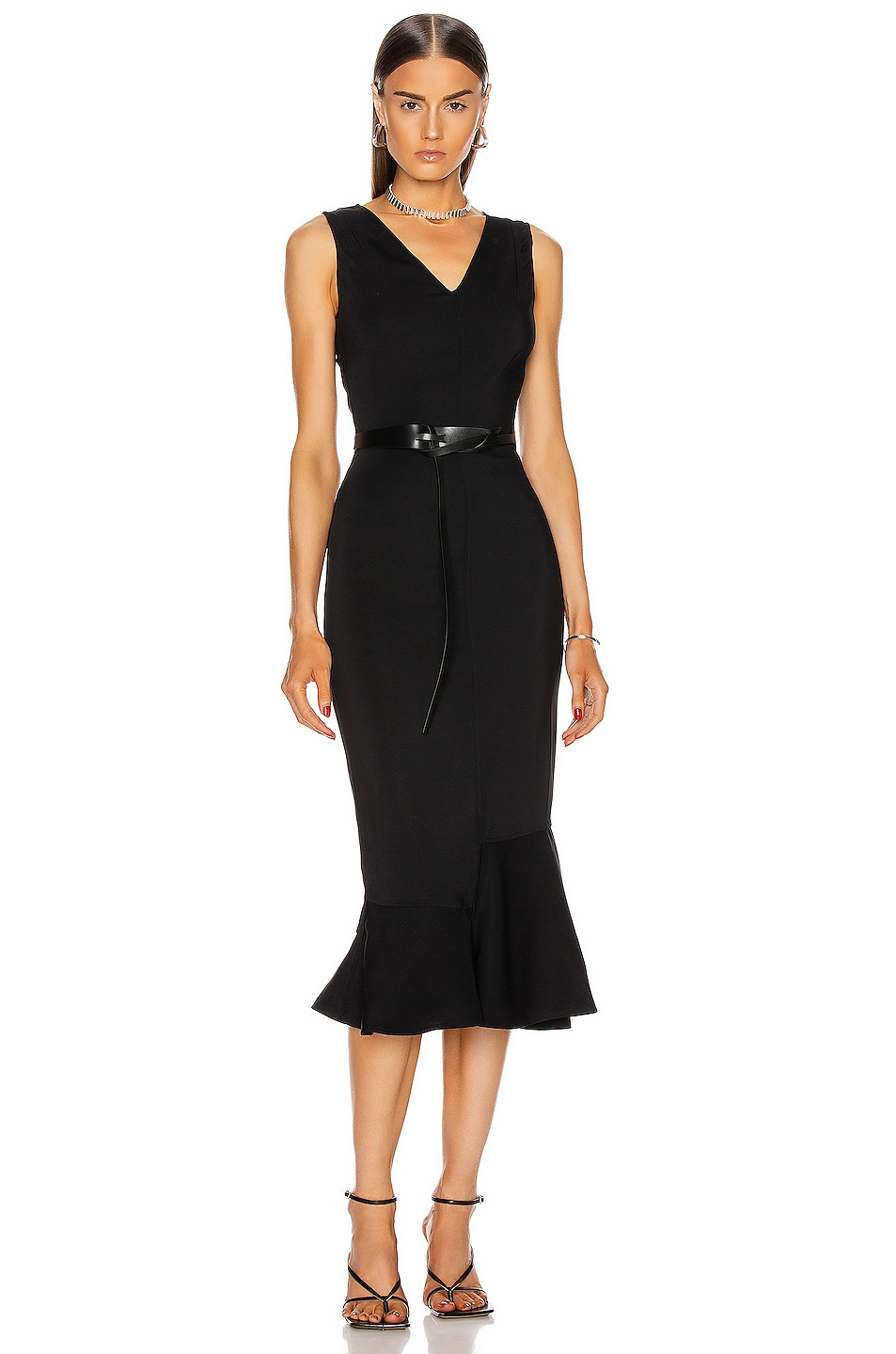 Image 1 of Victoria Beckham Frill Hem Belted Midi Dress in Black