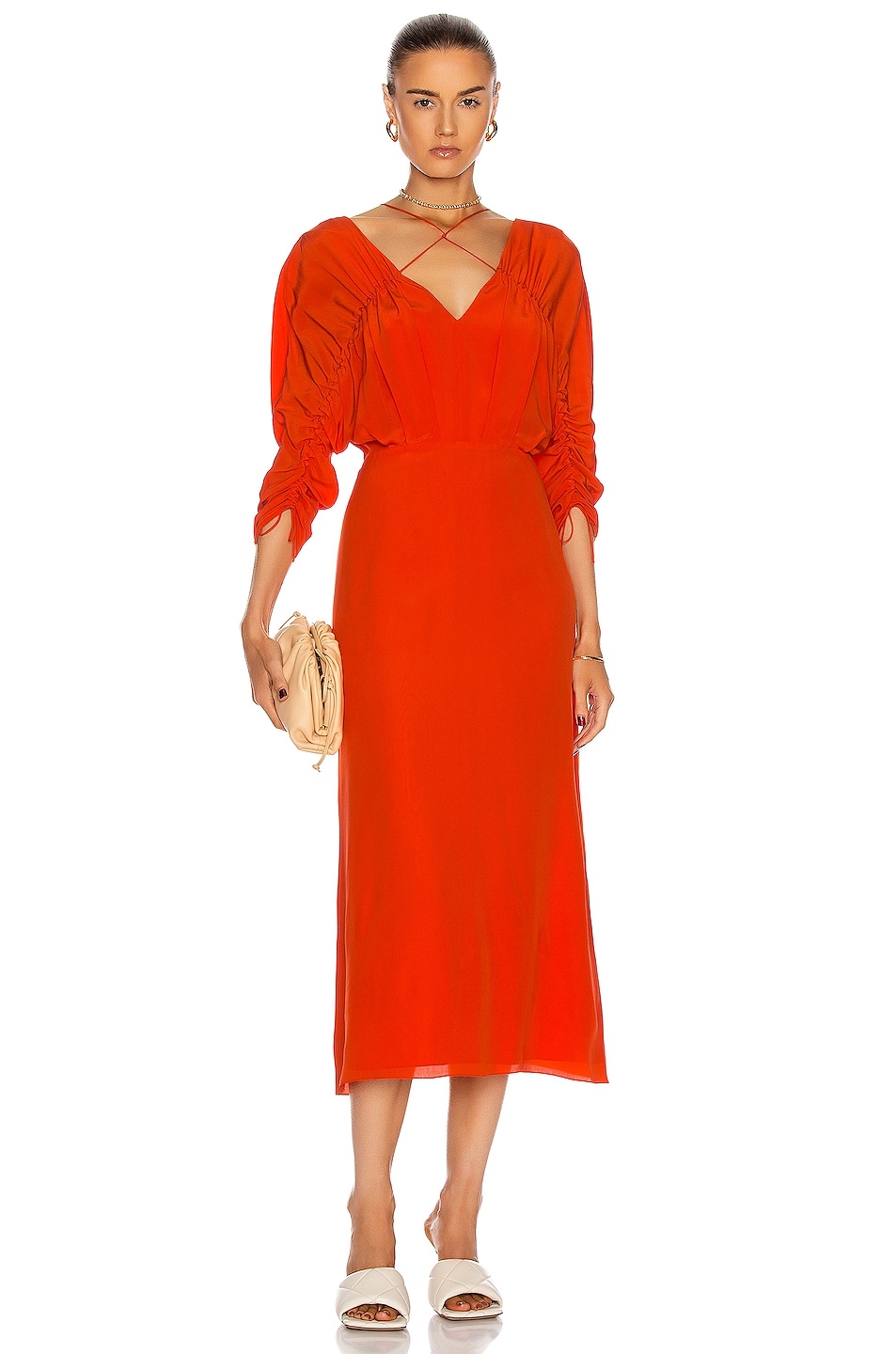 Image 1 of Victoria Beckham Ruched Midi Dress in Orange