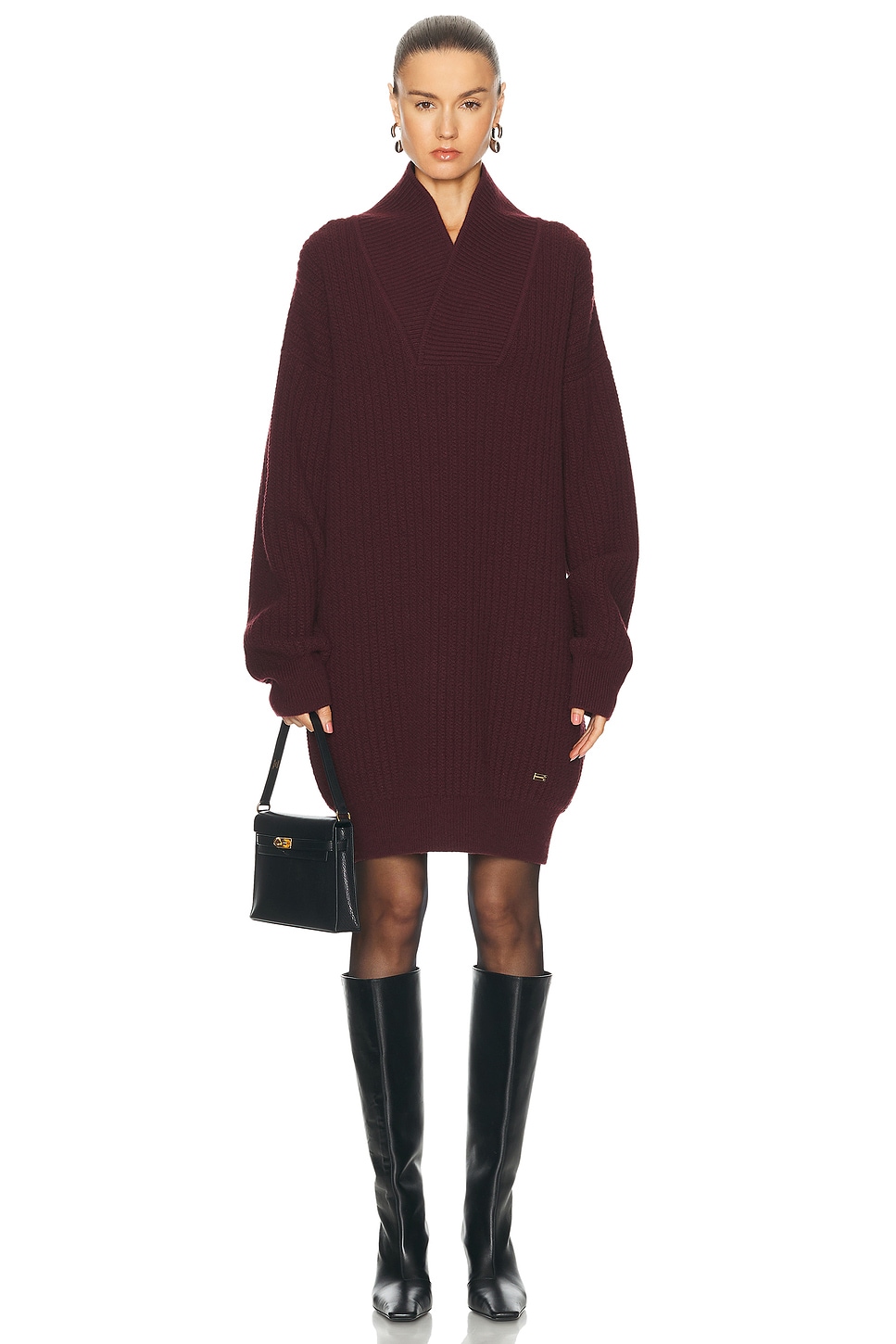 Image 1 of Victoria Beckham Shawl Neck Sweater Dress in Port