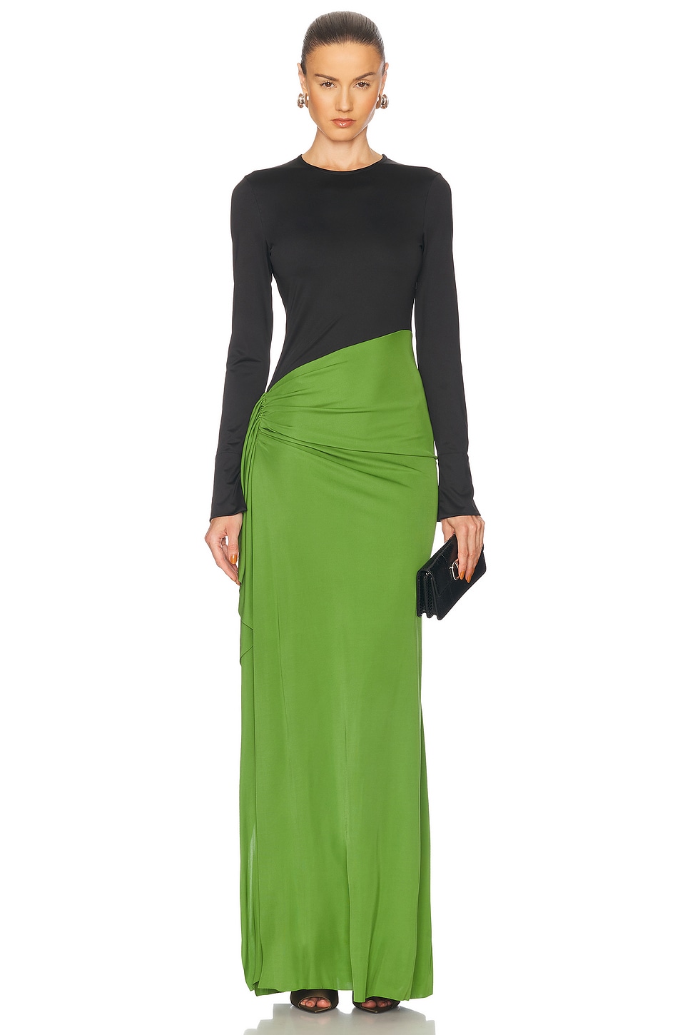 Image 1 of Victoria Beckham Long Sleeve Ruched Gown in Black & Algae