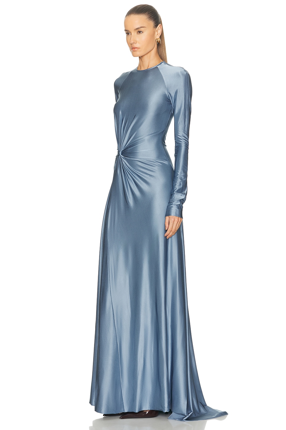 Victoria Beckham Long Sleeve Twist Detail Gown in Stone | FWRD
