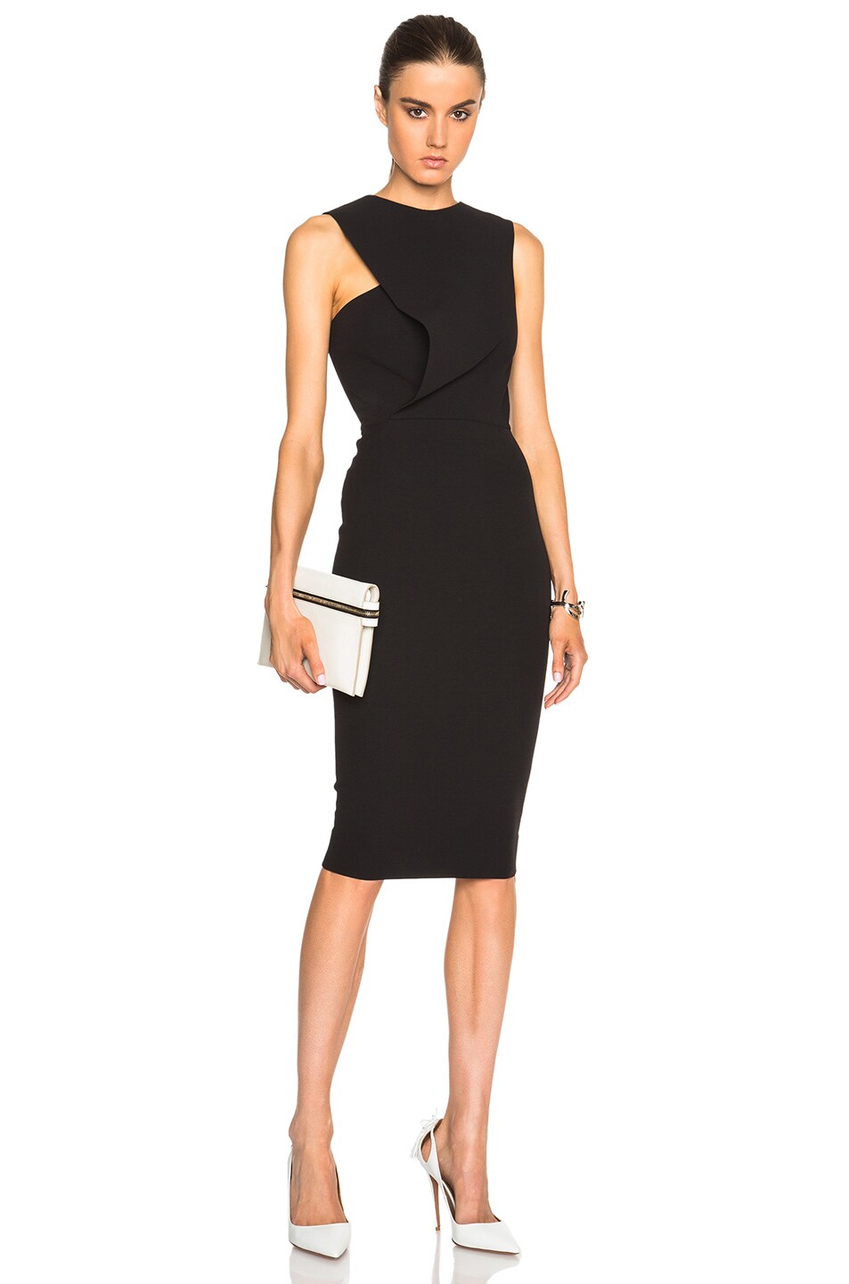 Image 1 of Victoria Beckham Double Crepe Front Drape Fitted Dress in Black