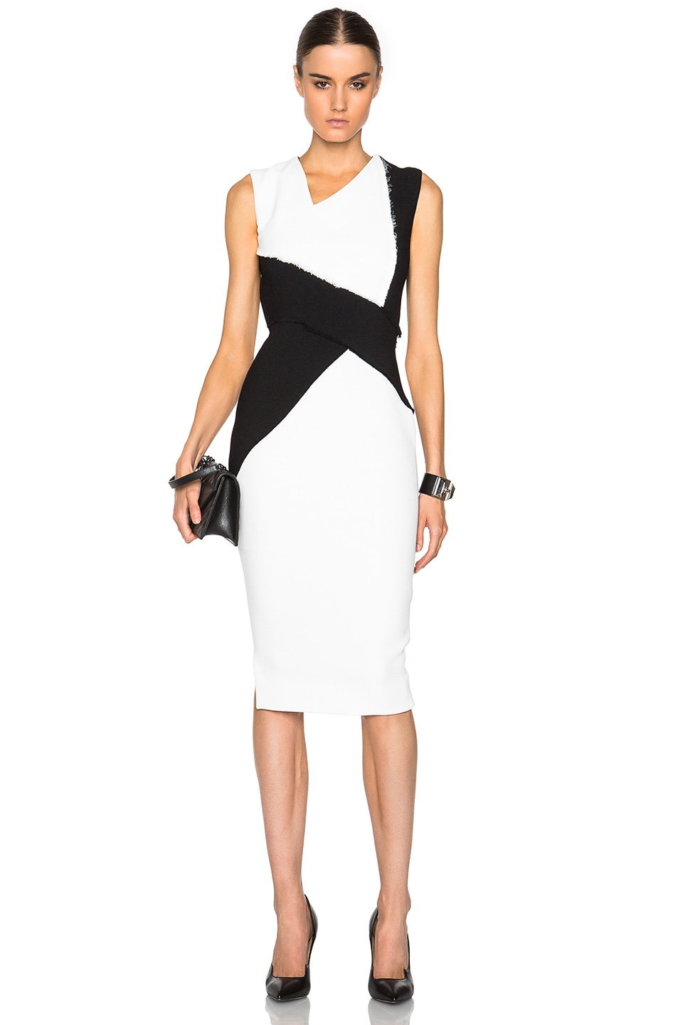 Image 1 of Victoria Beckham Dense Sable Patchwork Fitted Dress in Black & White