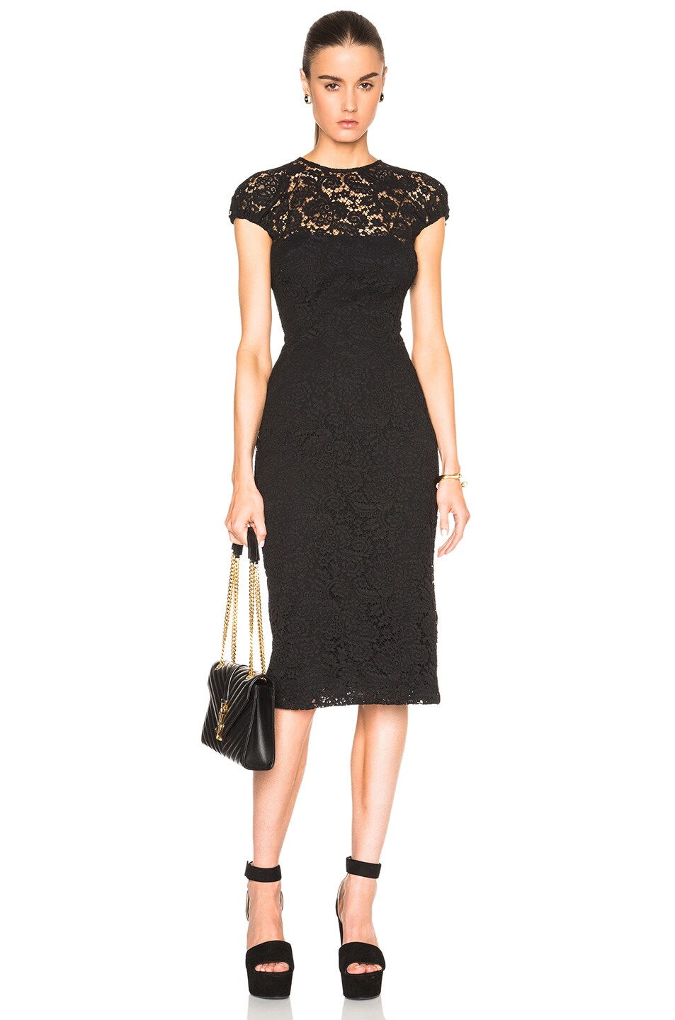 Image 1 of Victoria Beckham Corded Lace Gathered Cap Sleeve Dress in Black