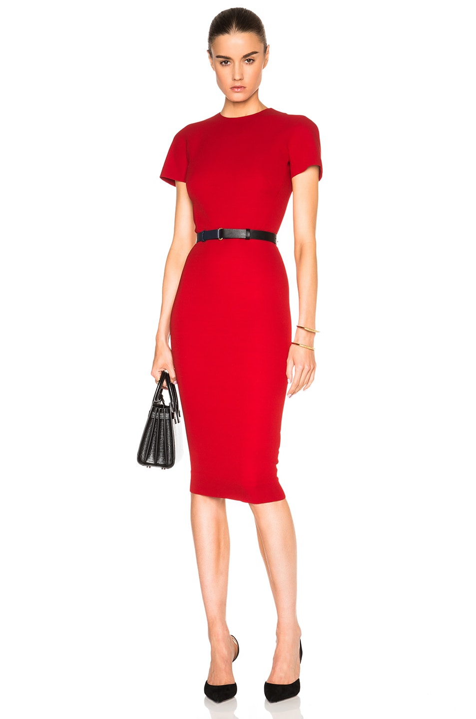 Image 1 of Victoria Beckham Double Crepe T Shirt Fitted Dress in Lipstick Red