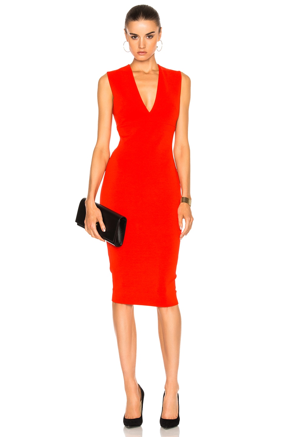 Image 1 of Victoria Beckham Matte Jersey Sleeveless V Neck Fitted Dress in Crimson