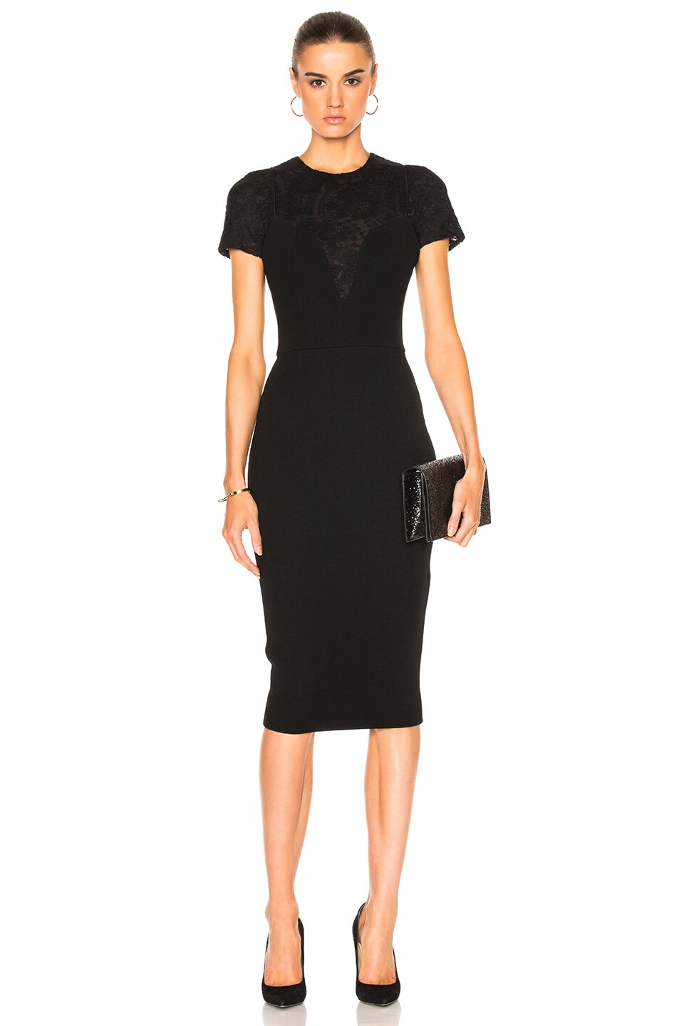 Image 1 of Victoria Beckham Matte Crepe & Lace Insert Short Sleeve Fitted Dress in Black