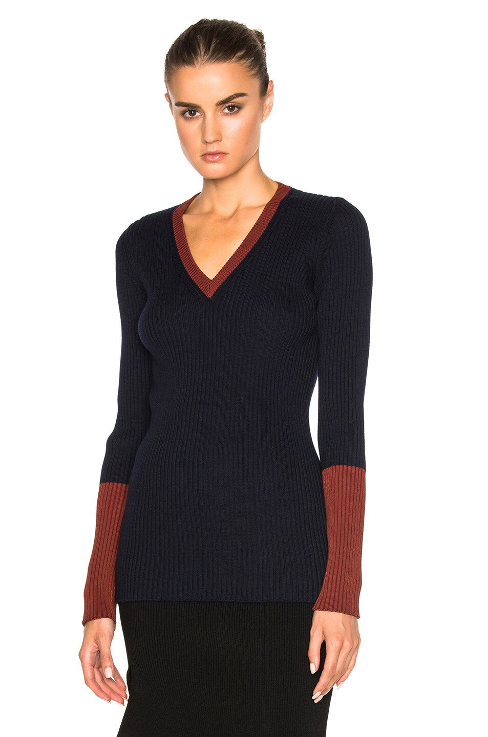 Image 1 of Victoria Beckham Wool Rib Shine Fitted V Neck Sweater in Copper & Navy