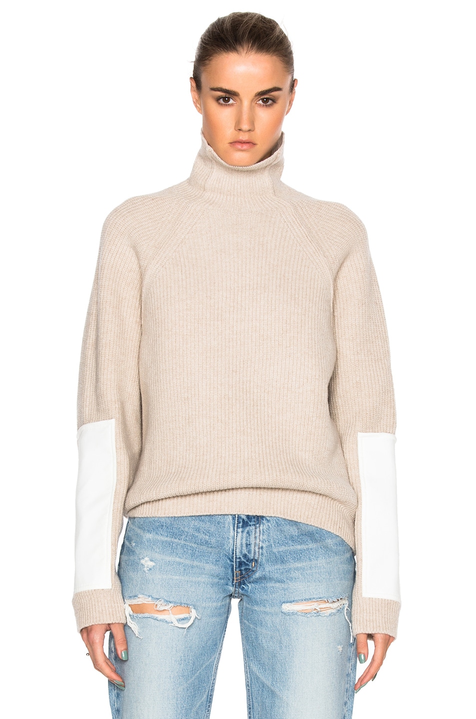 Image 1 of Victoria Beckham Lambswool Military Patch Sleeve Jumper in Biscuit & White
