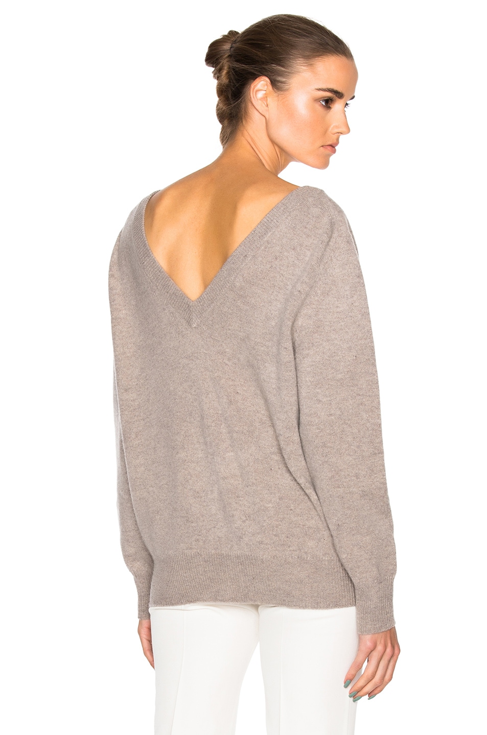 Image 1 of Victoria Beckham Felted Lambswool Double V Neck Jumper in Tawny Grey