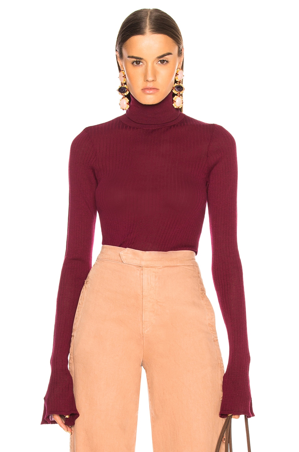 Image 1 of Victoria Beckham Sheer Rib Polo Neck Top in Magenta