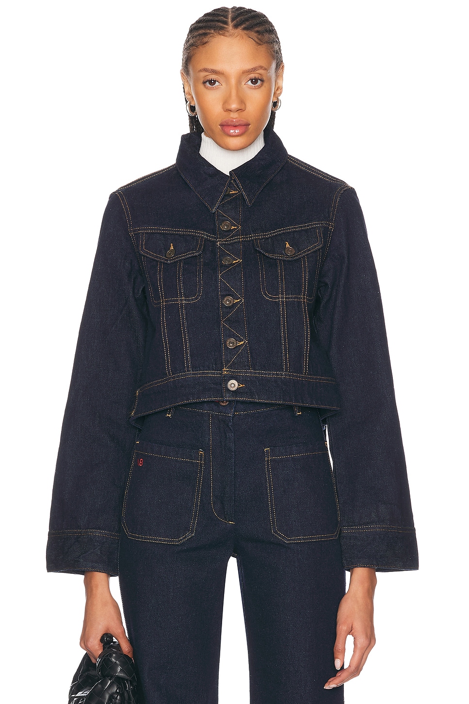 Image 1 of Victoria Beckham Cropped Denim Jacket in Dark Indigo Rinse