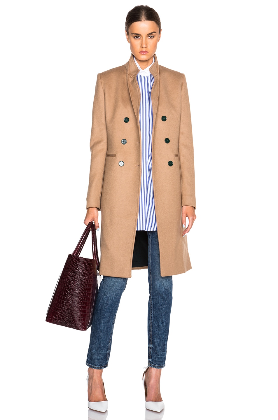 Image 1 of Victoria Beckham Wool Twill Double Breasted Coat in Camel