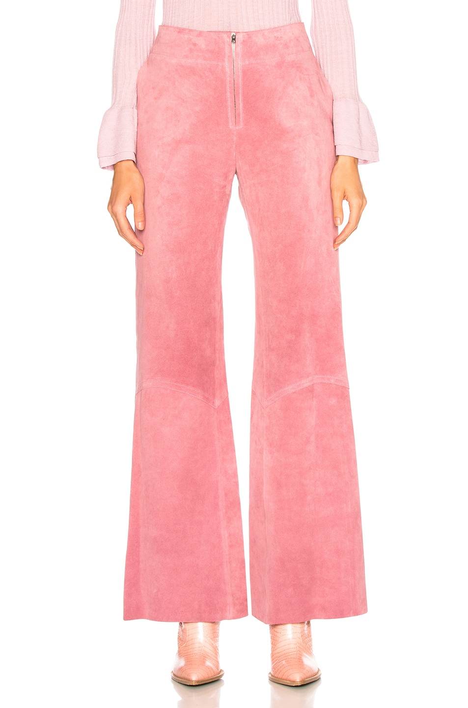 Image 1 of Victoria Beckham Paneled Flare Suede Trousers in Light Pink