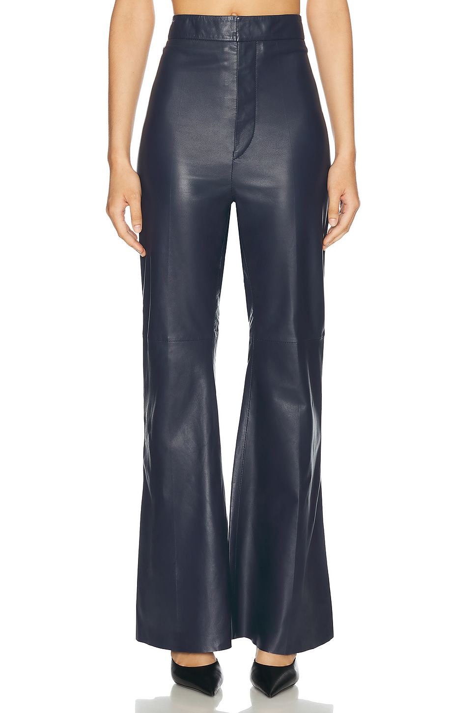 Image 1 of Victoria Beckham Flared Leather Trouser in Ink Blue