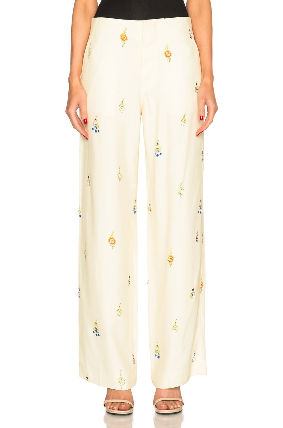 Image 1 of Victoria Beckham Drape Viscose Wide Leg Earring Print Trousers in Ivory
