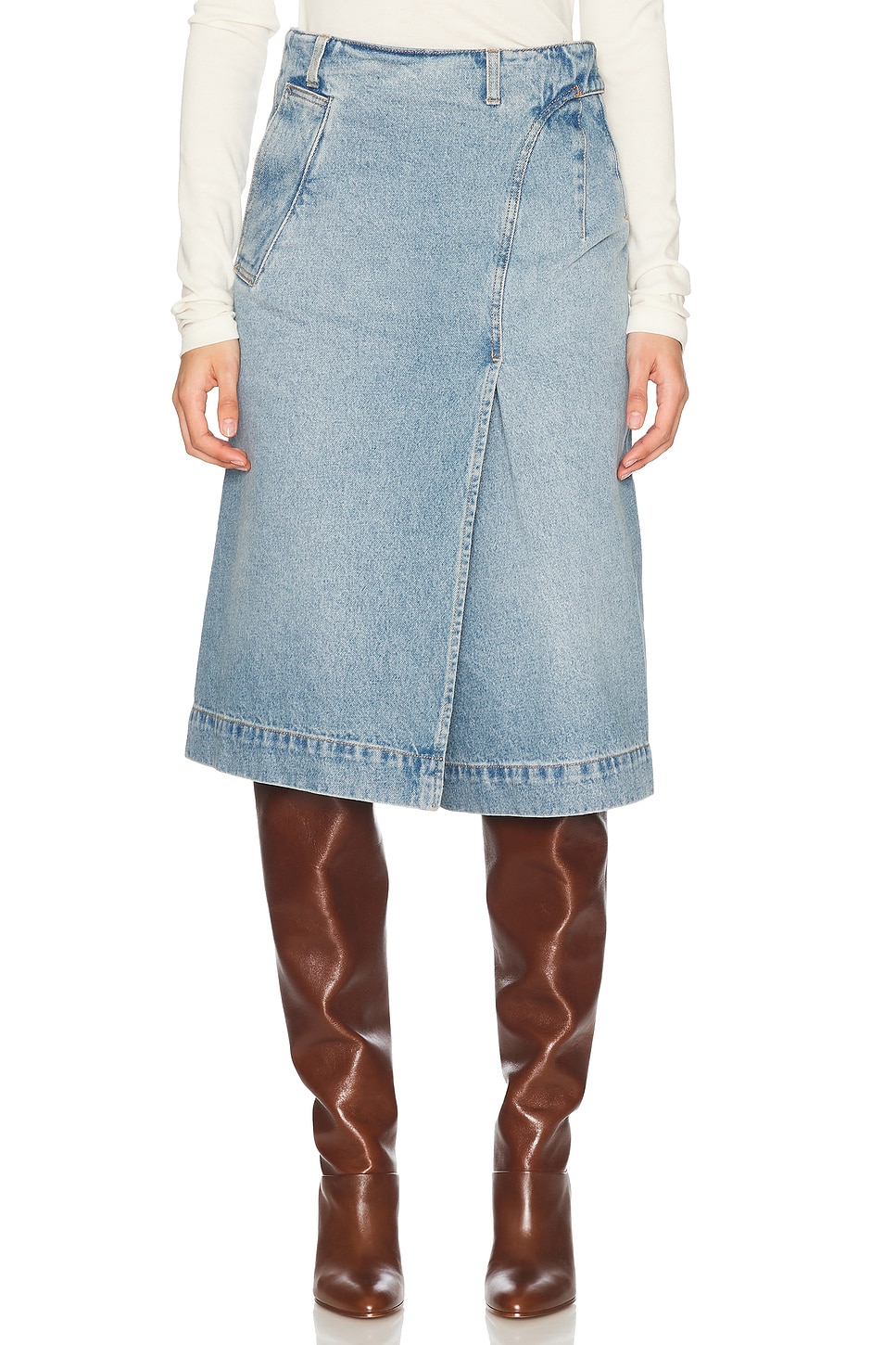 Image 1 of Victoria Beckham Denim Wrap Detail Skirt in Pale Blue Wash
