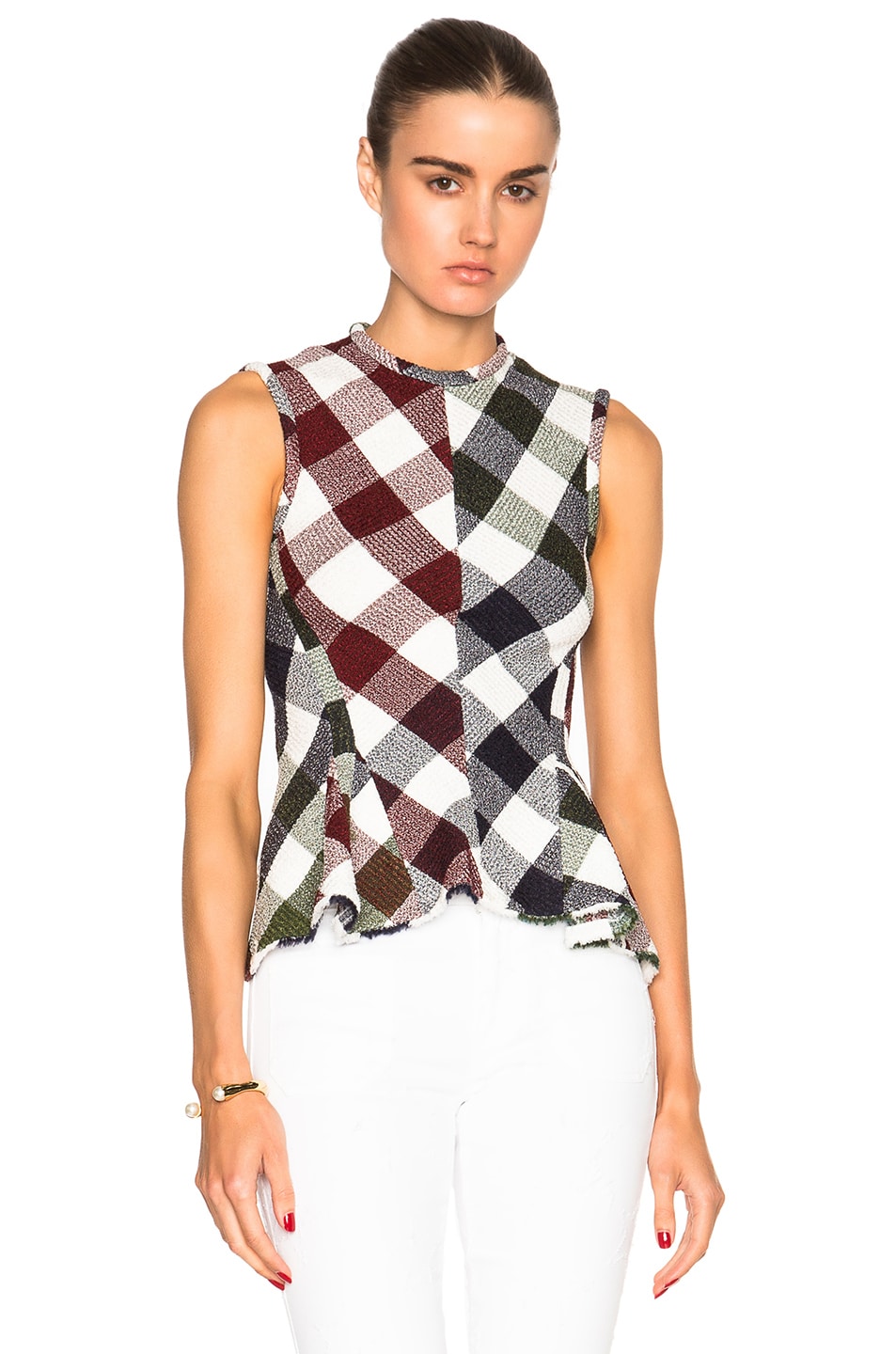 Image 1 of Victoria Beckham Bounce Gingham Sleeveless Godet Top in Red, Navy, Green & White