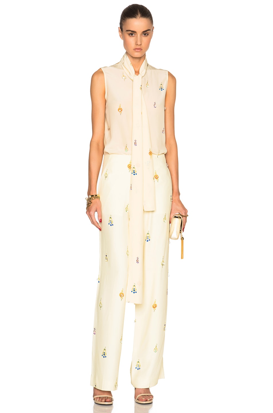Image 1 of Victoria Beckham Crepe De Chine Earring Print Sleeveless Neck Tie Blouse in Ivory