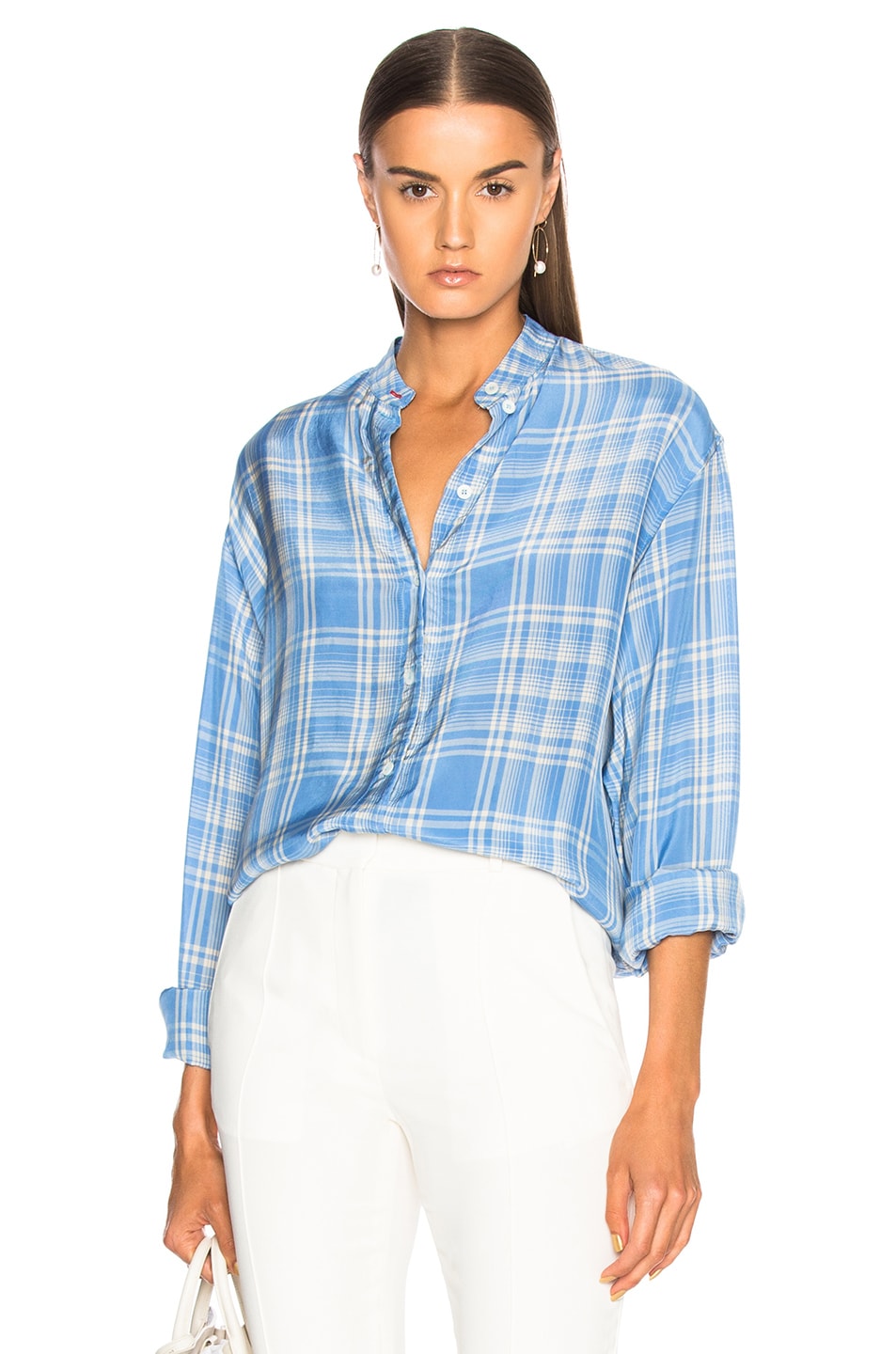 Image 1 of Victoria Beckham Stripe Shirting Grandad Shirt in Oxford Blue & White