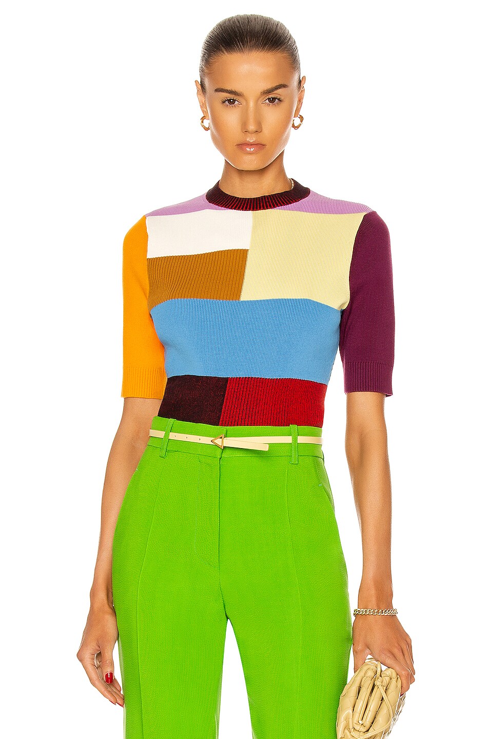 Image 1 of Victoria Beckham Patchwork Knit Short Sleeve Top in Multi