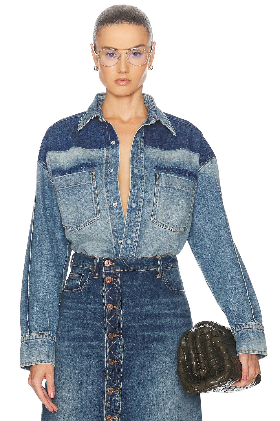 Image 1 of Victoria Beckham Oversized Denim Shirt in Broken Vintage Wash