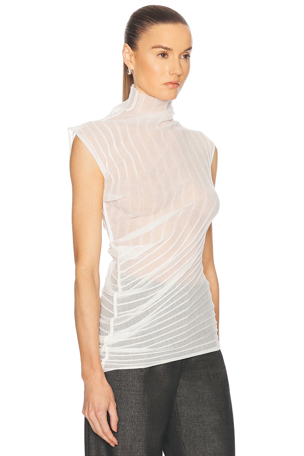 Victoria Beckham High Neck White Top In Semi-transparent Ribbed Knit In White