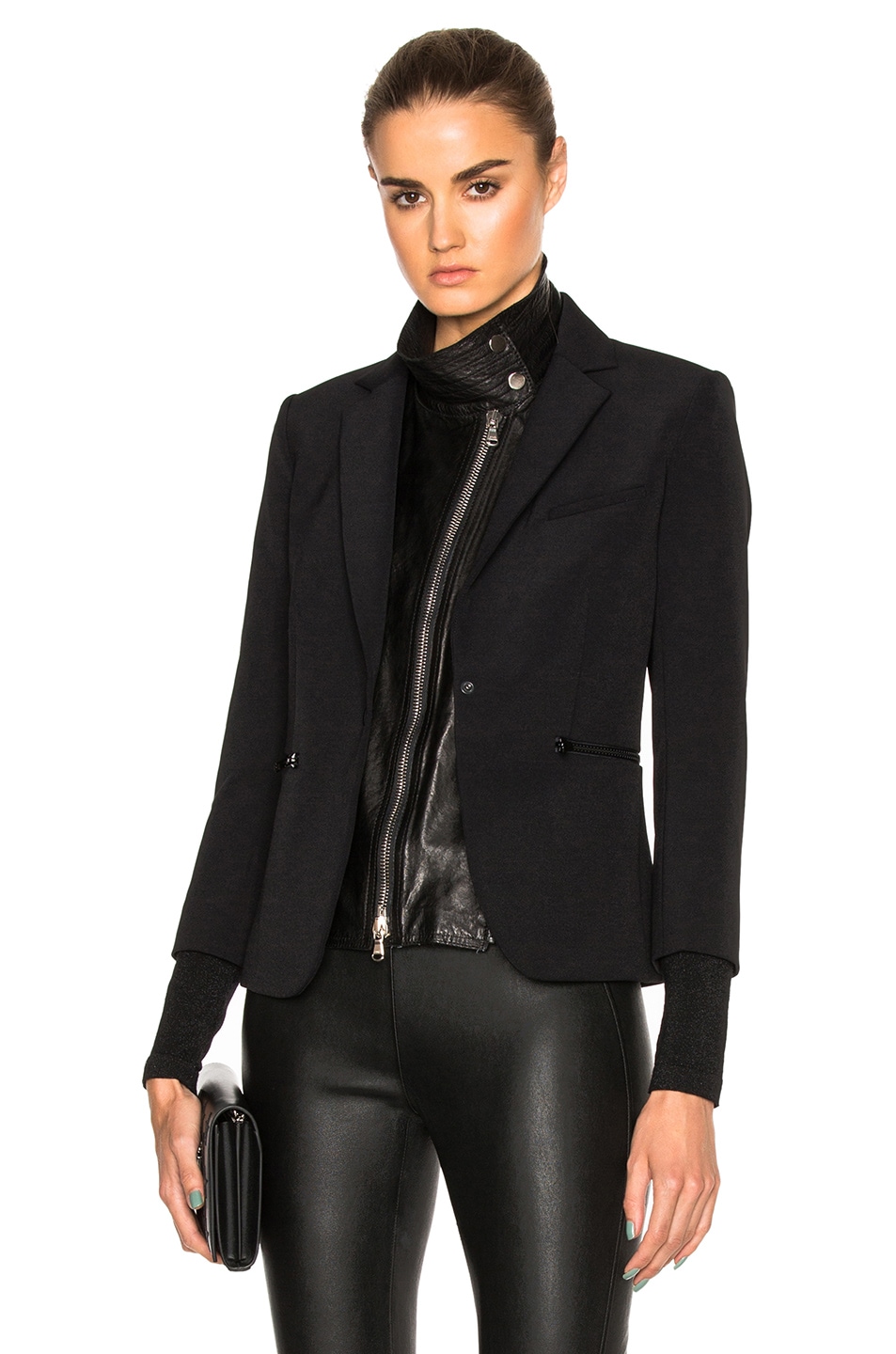 Image 1 of Veronica Beard Scuba Schoolboy Blazer with Leather Dickey in Black