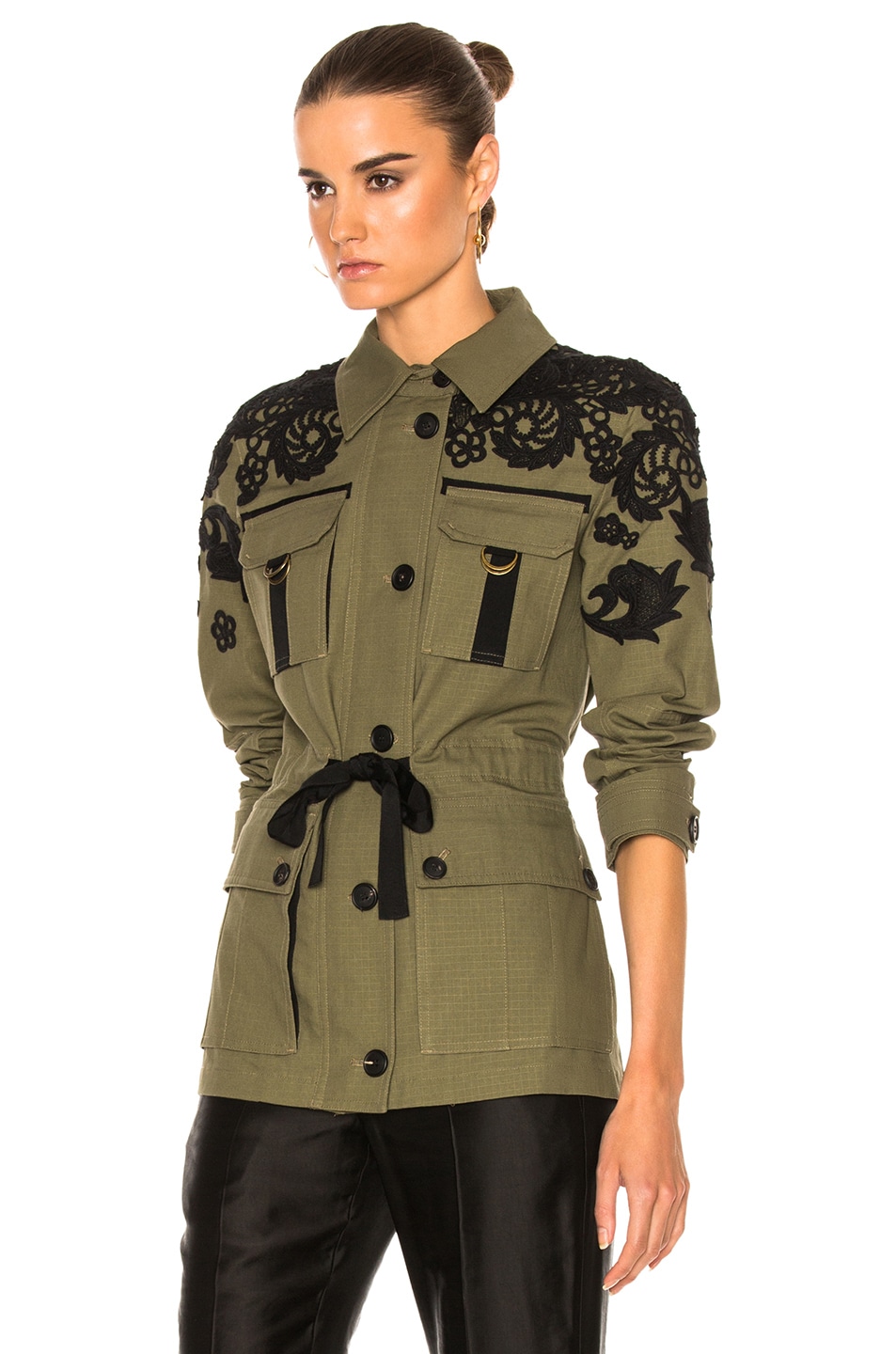 Veronica Beard Heritage Utility Jacket with Lace in Army Green | FWRD