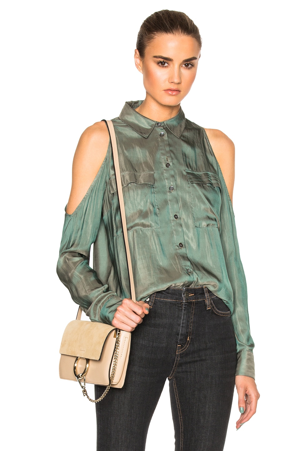 Image 1 of Veronica Beard Calvin Pleated Cold Shoulder Top in Green