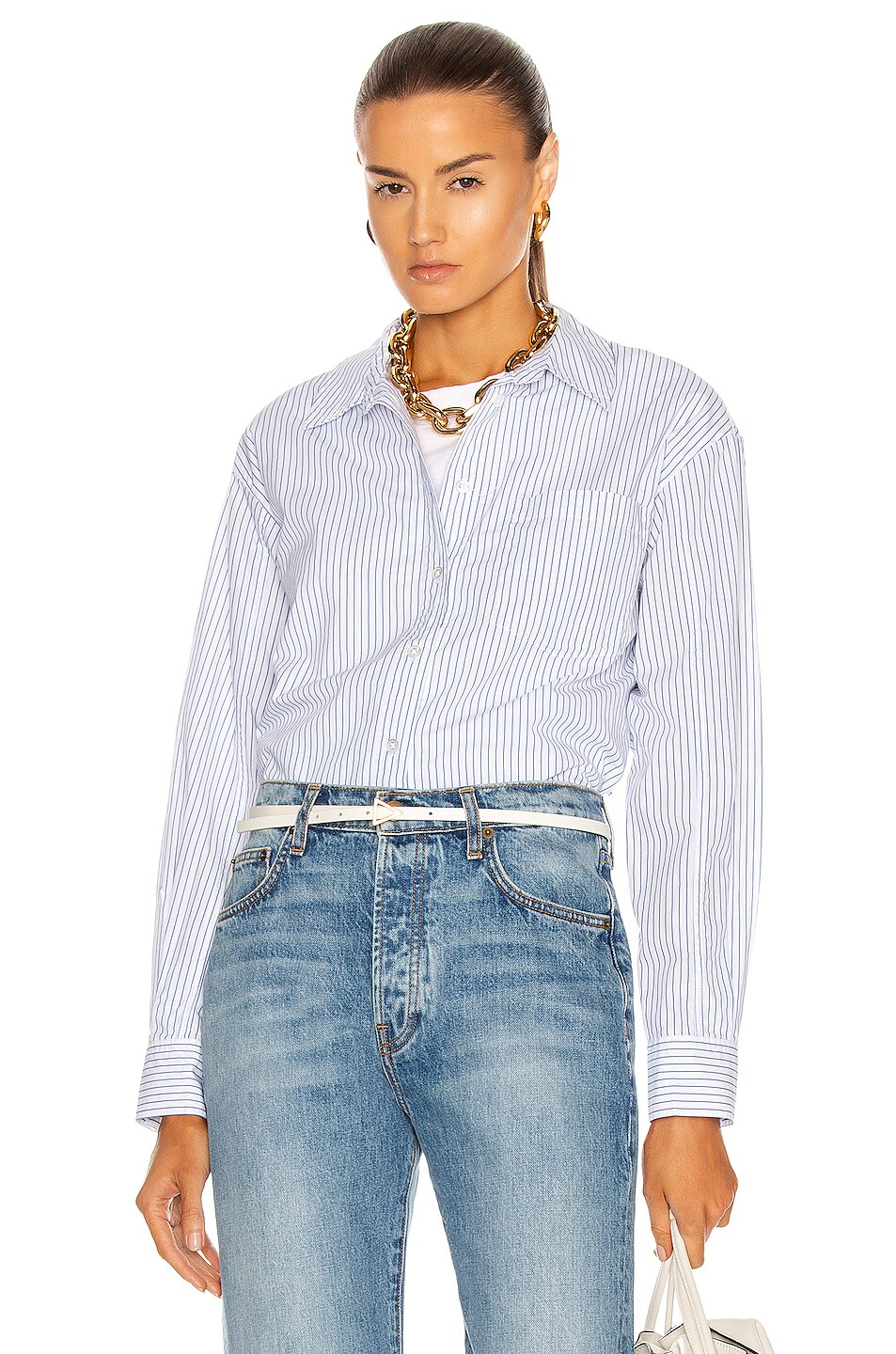 Image 1 of Veronica Beard Keiko Button Down Top in White & Blue