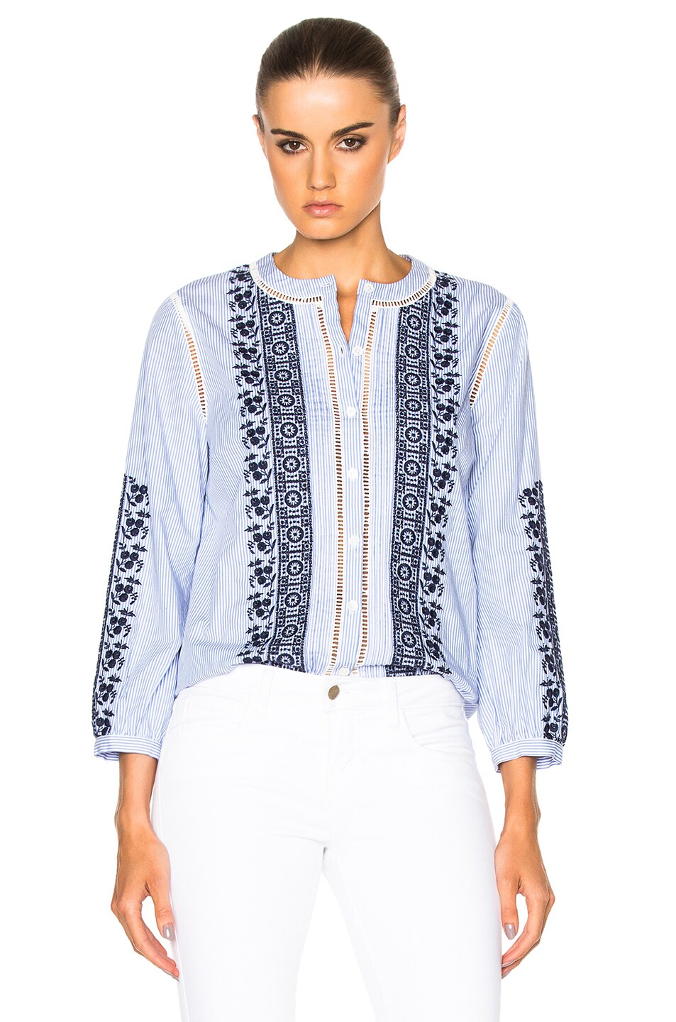 Image 1 of Veronica Beard Claire Button Down Embroidered Top in Blue & White Stripe