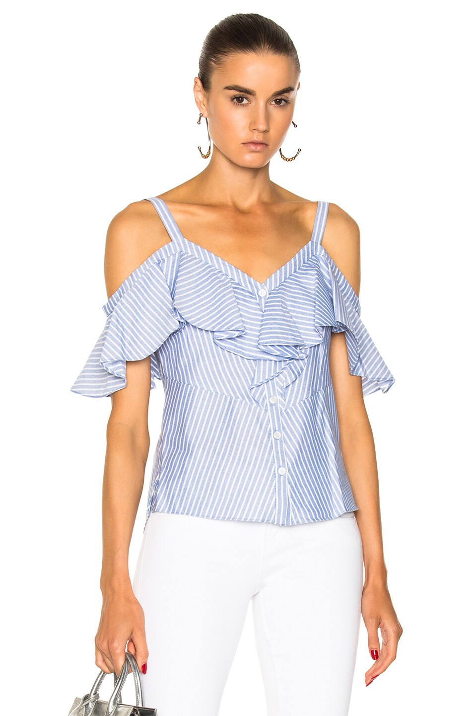 Image 1 of Veronica Beard Grant Off the Shoulder Ruffle Shirt in Blue & White