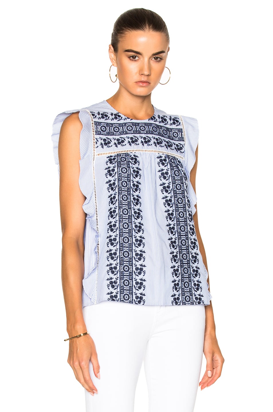 Image 1 of Veronica Beard Cece Embroidered Eyelet Ruffle Top in Blue & White Stripe