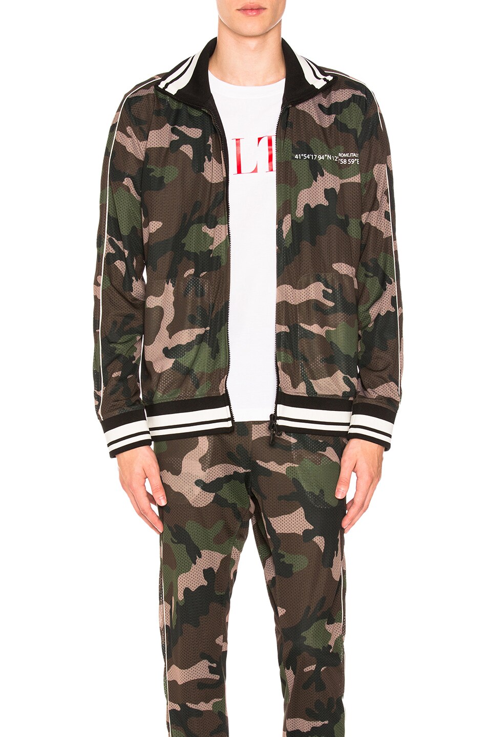 Image 1 of Valentino Garavani Camouflage Mesh Track Jacket in Army & Red